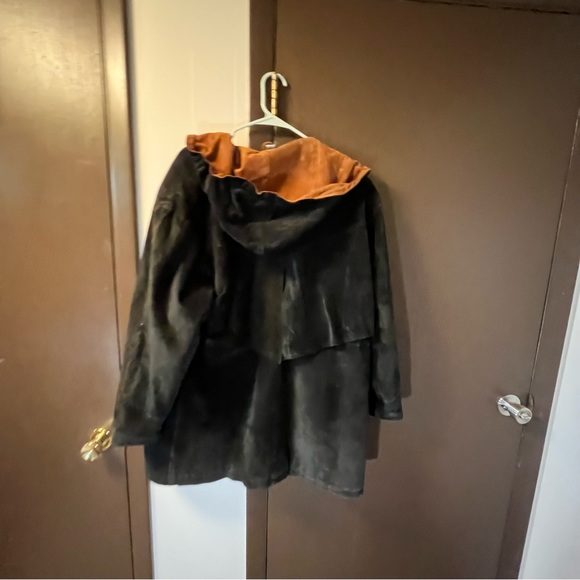 VTG Genuine Leather Suede Jacket Hoodie Coat Drawstring Waist Black Snap Closure - Picture 6 of 11
